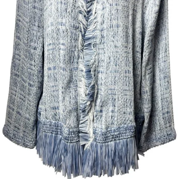 NEW WHBM Blue Tweed‎ Fringe Open Front Jacket Old Money Career Preppy XL